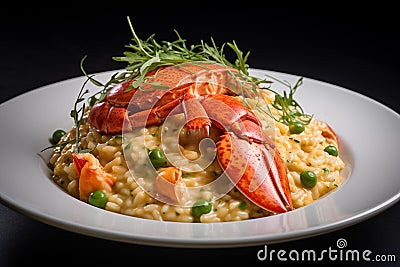 Plate of Lobster Risotto with green peas on black background Stock Photo