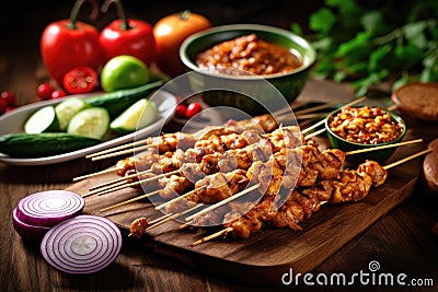 Malaysian food Satay on wooden table top. Stock Photo