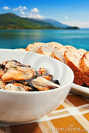 A plate of marinated mussels Stock Photo