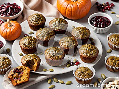 A Plate Of Muffins With A Bowl Of Cran And A Bowl Of Cran. Generative AI Stock Photo