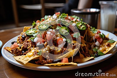 plate of nachos with different toppings, featuring refried beans, cheese, and jalapenos Stock Photo