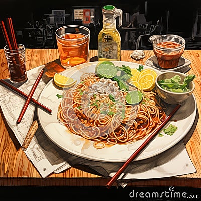 Realistic Oil Painting Of Noodles And Chopsticks Stock Photo