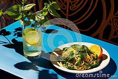 a plate of noodles and a glass of lemonade on a blue table Stock Photo