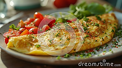 A plate of a omelet with tomatoes and herbs on it, AI Stock Photo