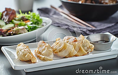 Plate of pan fried gyoza dumplings with soy sauce Stock Photo