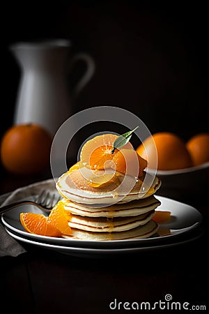 Plate of pancakes drizzled with maple syrup and topped with oranges, created with Generative AI technology. Stock Photo