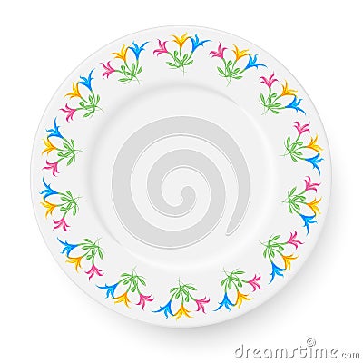 Plate with a pattern of lilies on a white background. A wreath of flowers is suitable for registration of bright spring Vector Illustration