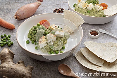 Plate with peas and feta cheese Stock Photo