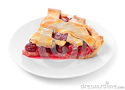 Plate with piece of delicious cherry pie on white background Stock Photo