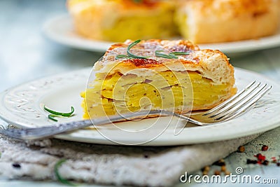 Piece of French puff pastry with potatoes Stock Photo