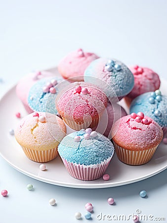 Plate of pink and blue cupcakes. Stock Photo