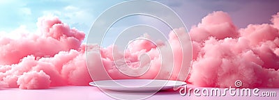 plate among pink clouds, in the style of minimalist stage designs, rim light, poster, large format lens Stock Photo