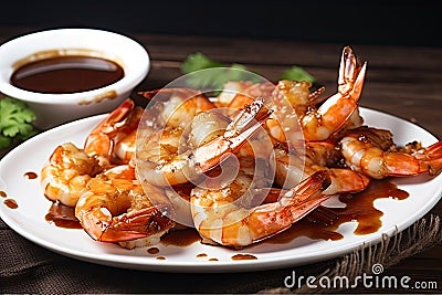 plate of piping hot tiger shrimp prawns with tangy spicy sauce Stock Photo