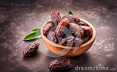 Plate of pitted dates on a dark wooden background. Top view Stock Photo