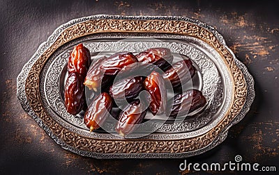 Plate of pitted dates on a dark wooden background. Top view Stock Photo