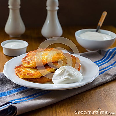 A plate of Polish potato pancakes served with sour cream. Stock Photo