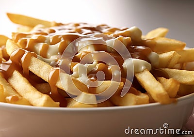 Plate of poutine traditional canadian unhealthy snack on table.Macro.AI Generative Stock Photo