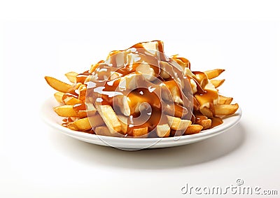 Plate of poutine traditional canadian unhealthy snack on white background.Macro.AI Generative Stock Photo