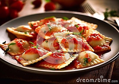 Plate with ravioli pasta with tomato sauce and basil on table.Macro.AI Generative Stock Photo