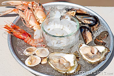 Plate of raw fresh sea fruits or food, ready to eat Stock Photo