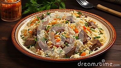 A plate of rice with meat and vegetables. Uzbec plov, pilaf dish. Cartoon Illustration