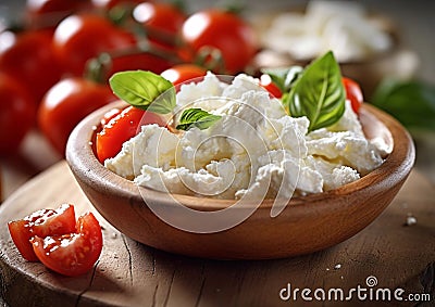 Plate with ricotta cheese with tomatoes and basil on table.Macro.AI generative Stock Photo