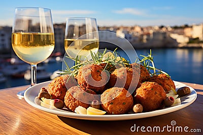 A plate of rustic homemade Maltese arancini balls. Stock Photo