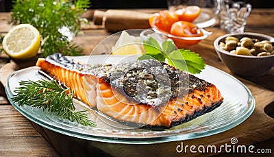 A plate of salmon with a lemon wedge and a bowl of olives Stock Photo