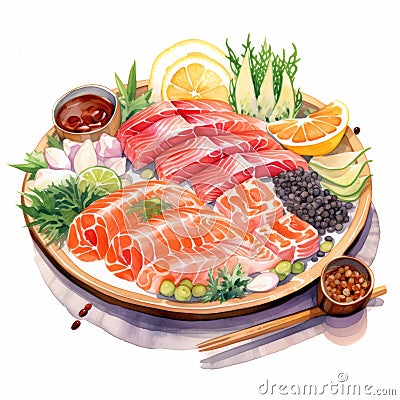 Watercolor Illustration Of A Plate Of Salmon Sushi And Noodles Stock Photo
