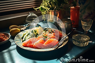 a plate of salmon on a table next to a glass of lemonade Stock Photo