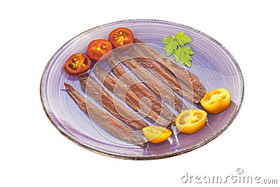 Plate of salted anchovies isolated Stock Photo