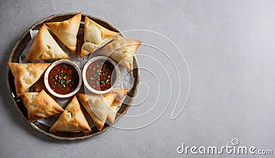 Plate of Samosas with Dipping Sauces on Grey Background, Copy Space Stock Photo