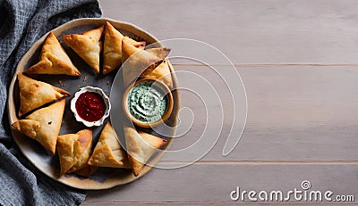 Plate of Samosas on a Wooden Table with Dipping Sauces, Copy Space Stock Photo