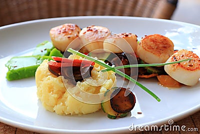 Plate of scallops cooked with its vegetables garnish in a french restaurant Stock Photo