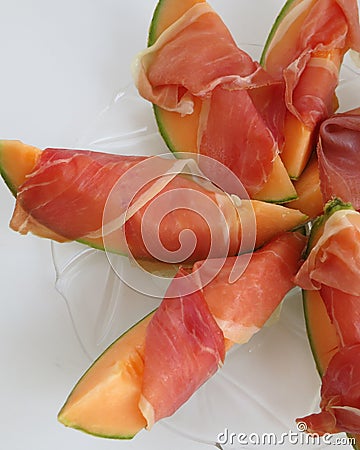 Serrano ham and Cantalope melon - fresh and delicious to served as starter or only to eat if you want something fresh and deliciou Stock Photo