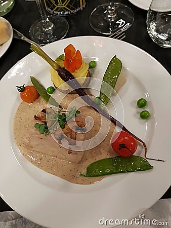 Plate served with piece of pork , cream sauce and various vegetables of new kitchen style Stock Photo