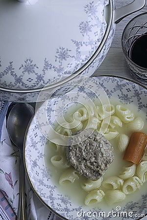 Plate of shark soup with vintage tureen on white background Stock Photo