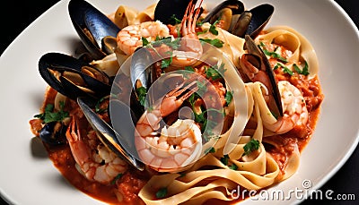 A plate of shrimp and clams with pasta Stock Photo