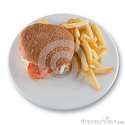 Plate with a simple burger with tomato, lettuce and potatoes Stock Photo