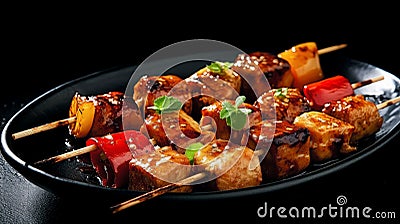 plate of skewers Grilled chicken or pork with tomatoes. Generative AI Stock Photo