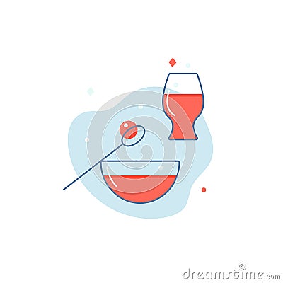 Plate with soup, rissole, glass with juice. Vector Illustration