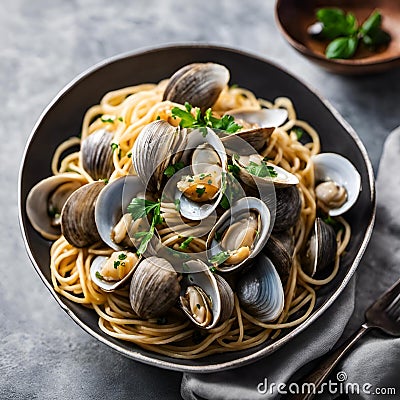 plate of spaghetti with clams and cilantro sauce Cartoon Illustration