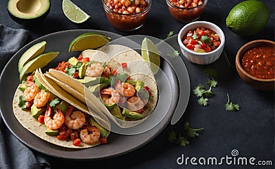 A plate of spicy shrimp tacos with salsa and avocado Stock Photo
