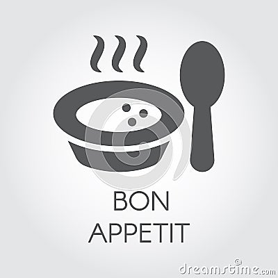 Plate with spoon flat icon. Portion of hot food with steam and wish bon appetit. Label for culinary design needs Vector Illustration