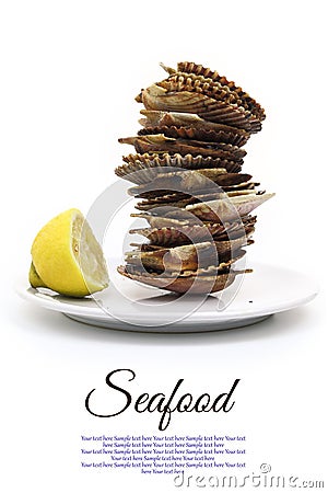 Plate with stack of scallops shells Stock Photo