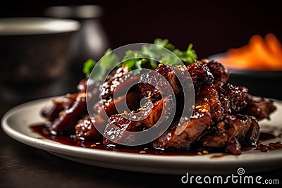 A plate of sticky pork ribs glazed Stock Photo