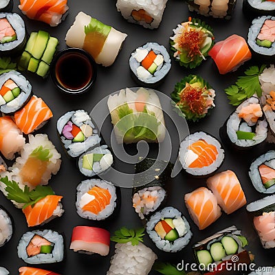 A plate of sushi rolls with soy sauce and wasabi1 Stock Photo