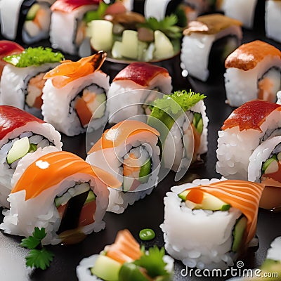 A plate of sushi rolls with soy sauce and wasabi2 Stock Photo