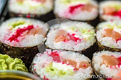 The plate of sushi with soy sauce, wasabi Stock Photo