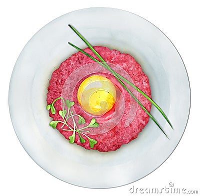 Plate with tasty beef tartare and microgreens Cartoon Illustration